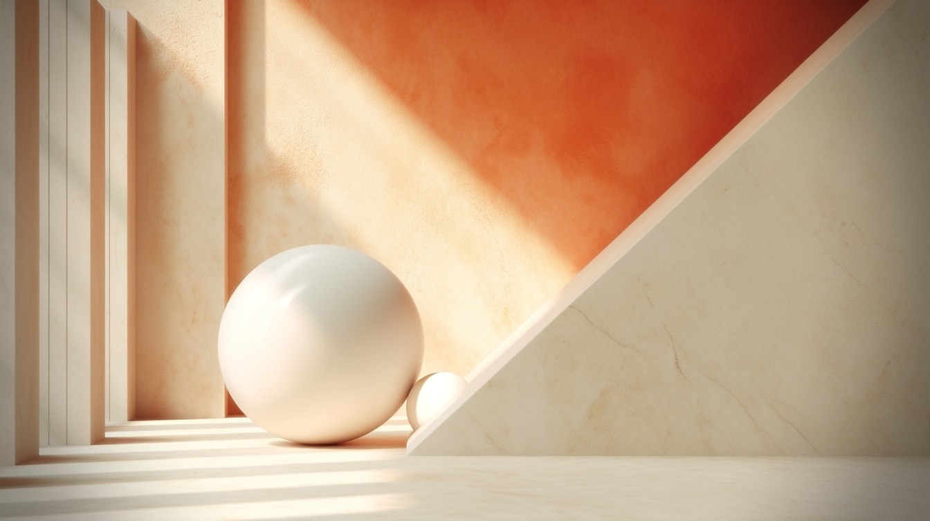White marble ball by window and orange yellow wall illustration