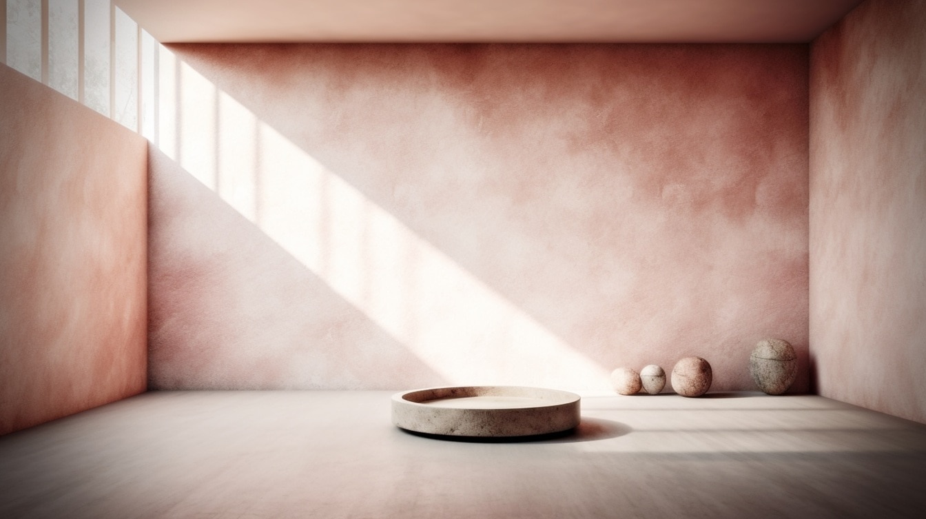 Bát đá cẩm thạch phẳng trong phòng trống minh họa thiết kế nội thất tối giản