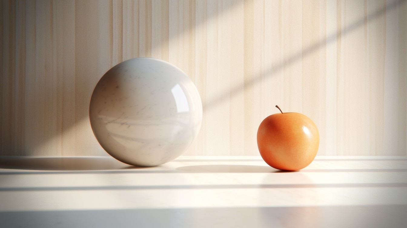Bola de mármore bege com ilustração de natureza morta de maçã amarela laranja