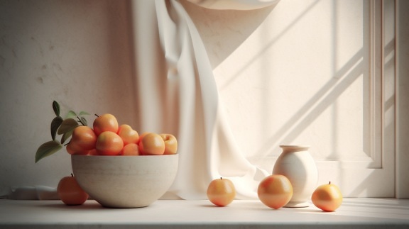 Cuenco de cerámica beige con naranjas ilustración de bodegón