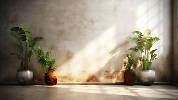 hierba, tropical, maceta, cerámica, pared, fotomontaje, sucio, Luz del sol