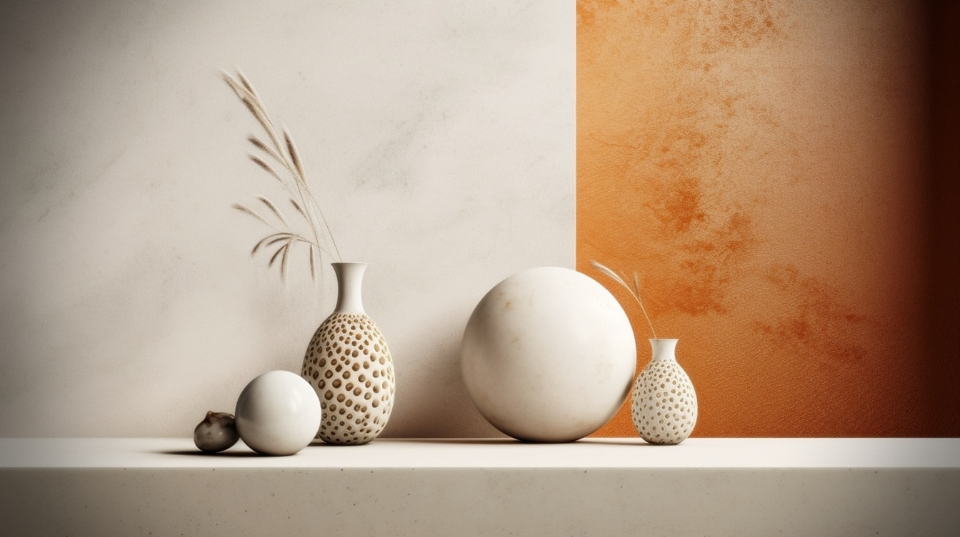 Ilustración de jarrones de cerámica y bolas redondas de mármol