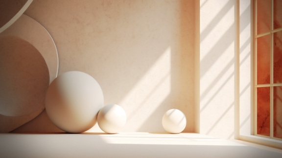 Illustration of three marble white balls in corner of room