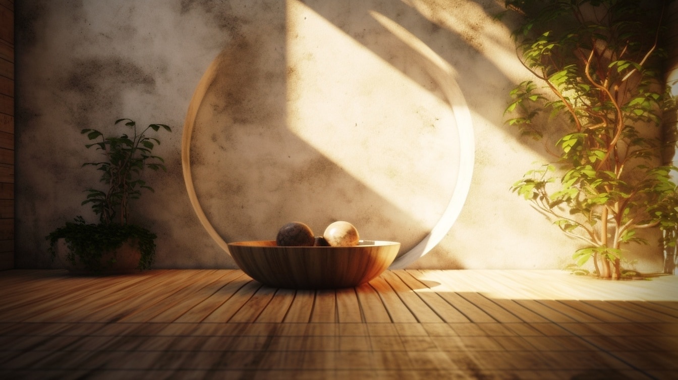 Bola marmer keramik dalam mangkuk di lantai kayu di kamar