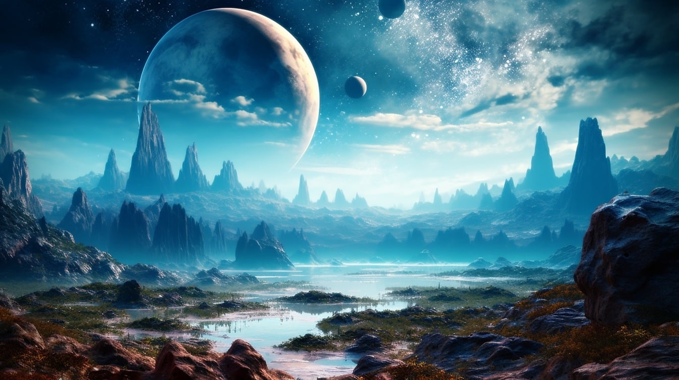 코스모스에서 행성의 판타지 늪 위에 아름다운 달 풍경의 그림