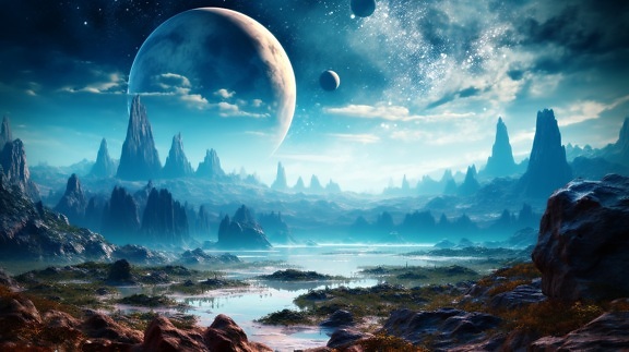 Illustration of beautiful moonscape over fantasy swamp on planet in cosmos