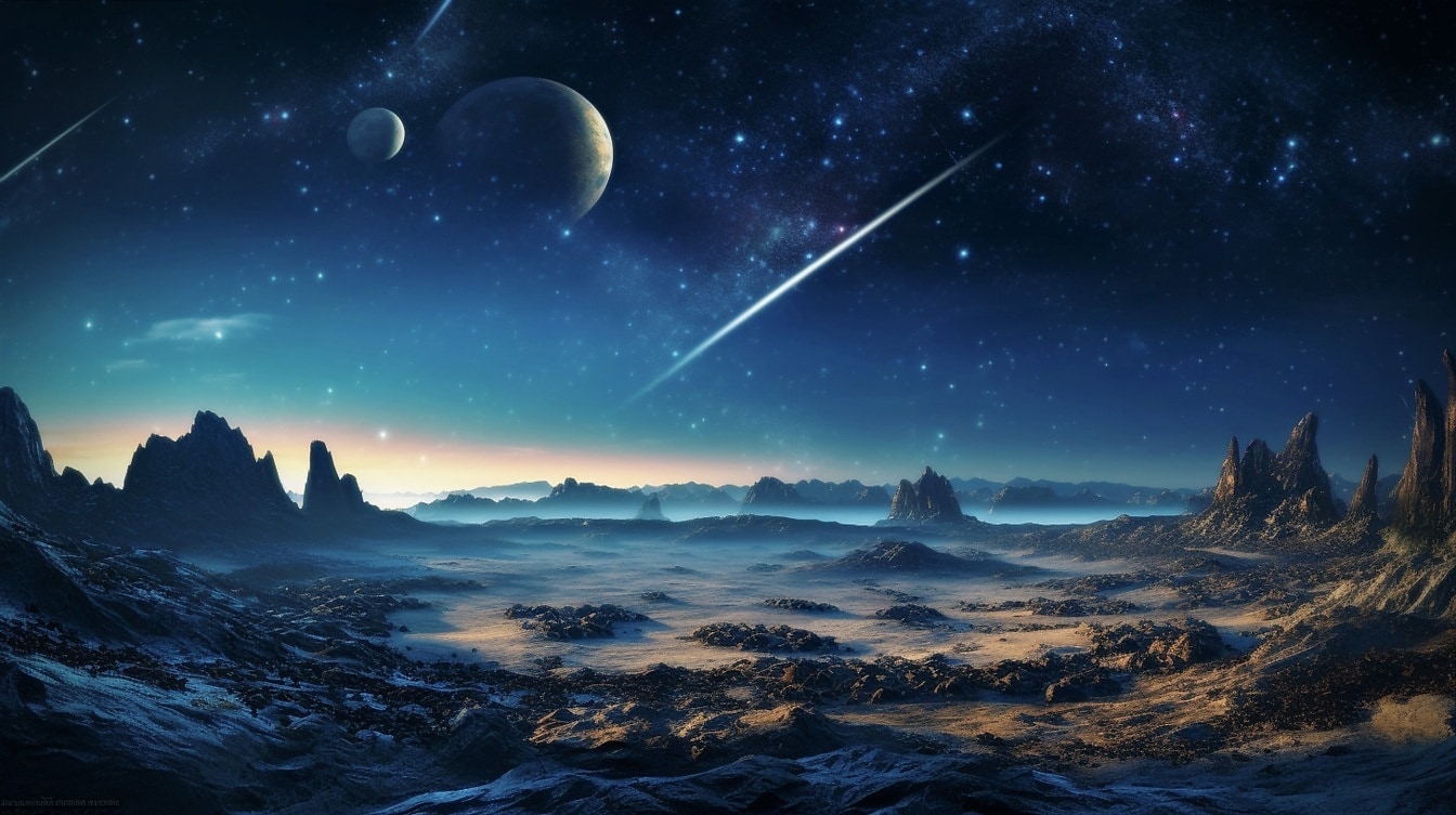 Surrealistická noční scéna fantasy údolí s kometami na obloze