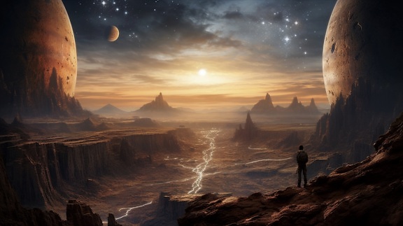 Surreal silhouette of person standing on edge of canyon of fantasy planet