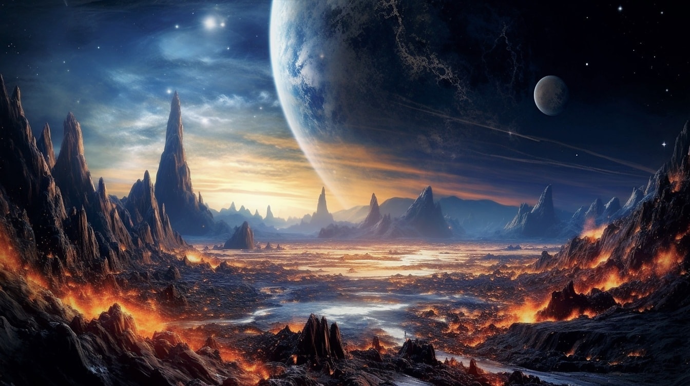 Illustration von Lava- und Vulkanausbrüchen auf unbekanntem Planeten im Universum