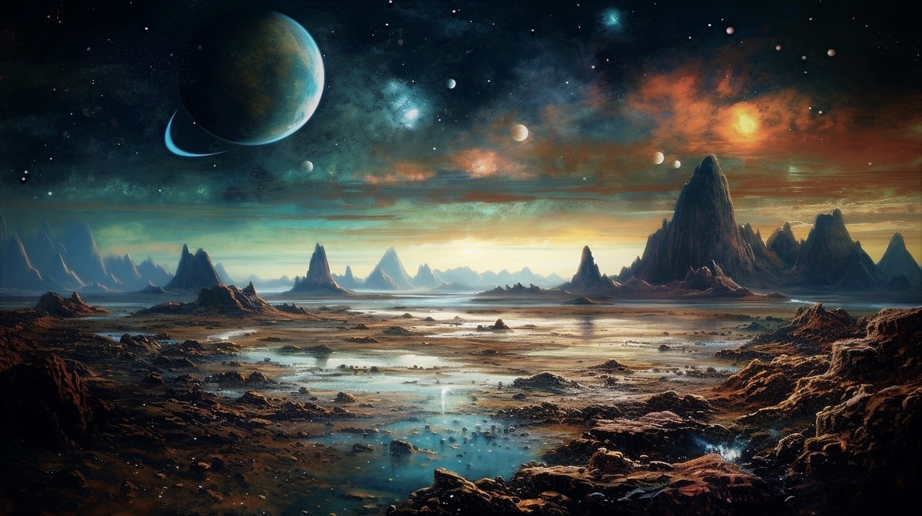 Surrealistisk nattetid naturskön av majestätisk okänd planet med nebulosa på himlen
