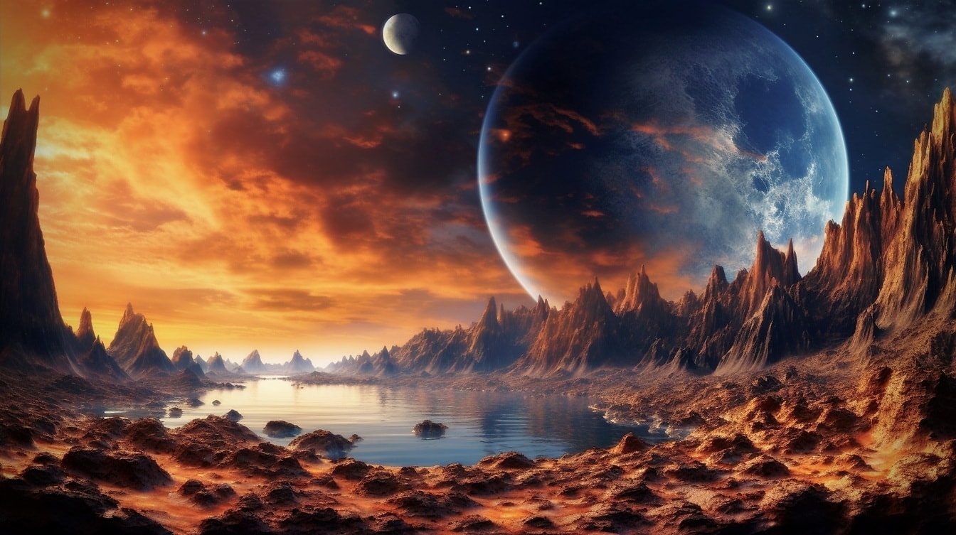 Surrealistický oranžově žlutý západ slunce nad fantasy vrcholy neznámé planety
