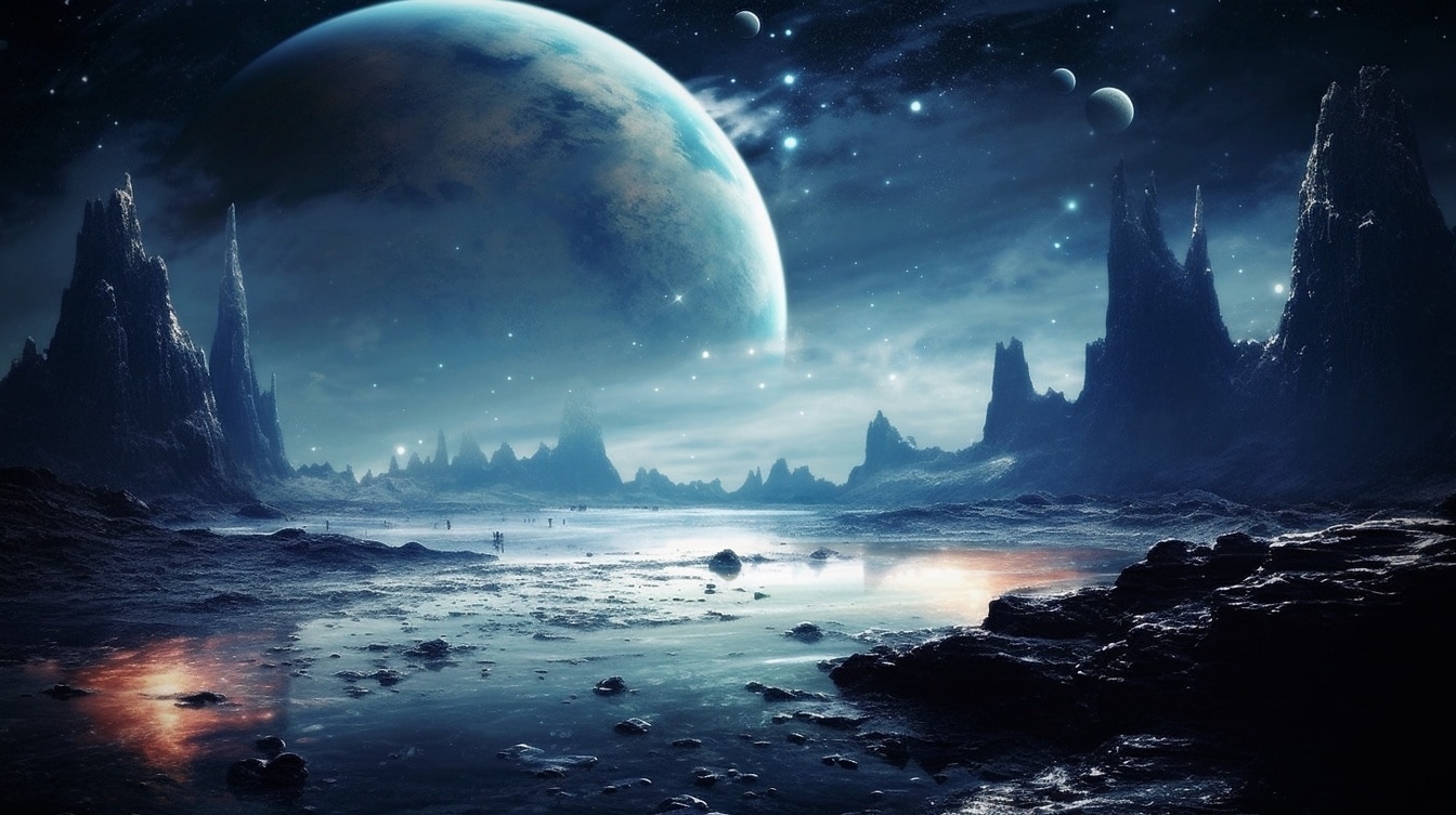 Mørkeblått surrealistisk skumring over fantasiplanet i galakse