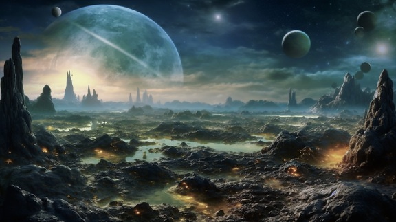 Des visuels majestueux d’un paysage lunaire surréaliste au-dessus d’une planète inconnue dans le cosmos