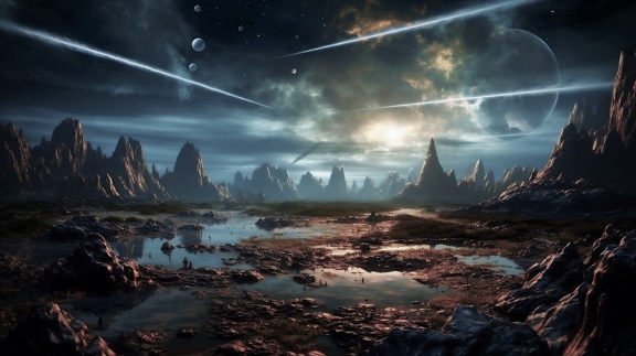 Beau paysage nocturne sur une planète surréaliste dans le cosmos