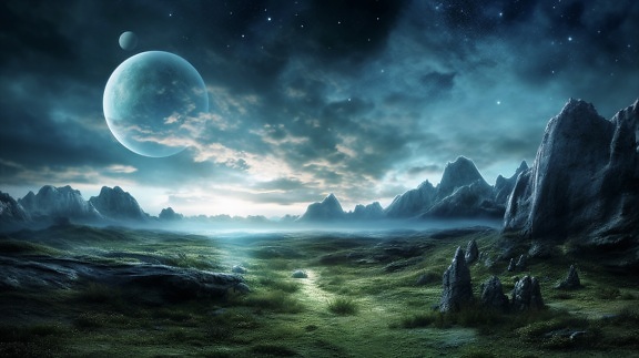 Illustration d’un paysage lunaire majestueux sur une planète inconnue avec la lune