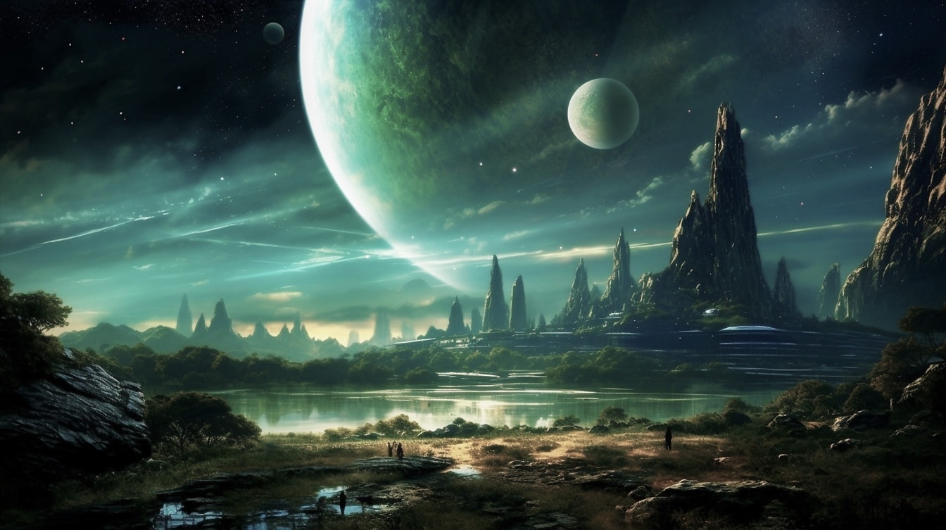 Illustration av gröngul skymning över okänd planet i galaxen