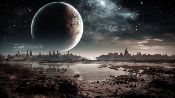 Photomontage of moonscape over mud flatson alien unknown planet