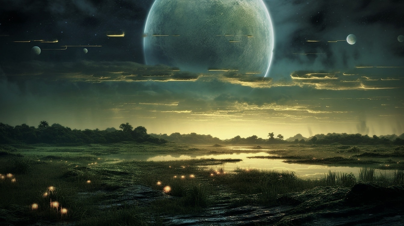 Ilustração de cenário surreal sobre pântano em planeta de fantasia desconhecido
