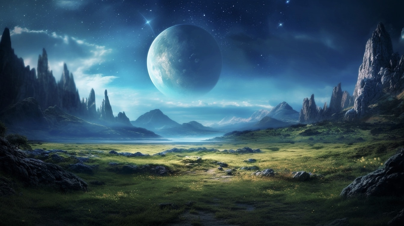 Fantezi gezegen illüstrasyonunda vadi üzerinde koyu mavi ay manzarası