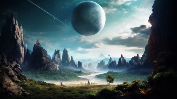 Majestic fantasy valley on unknown planet