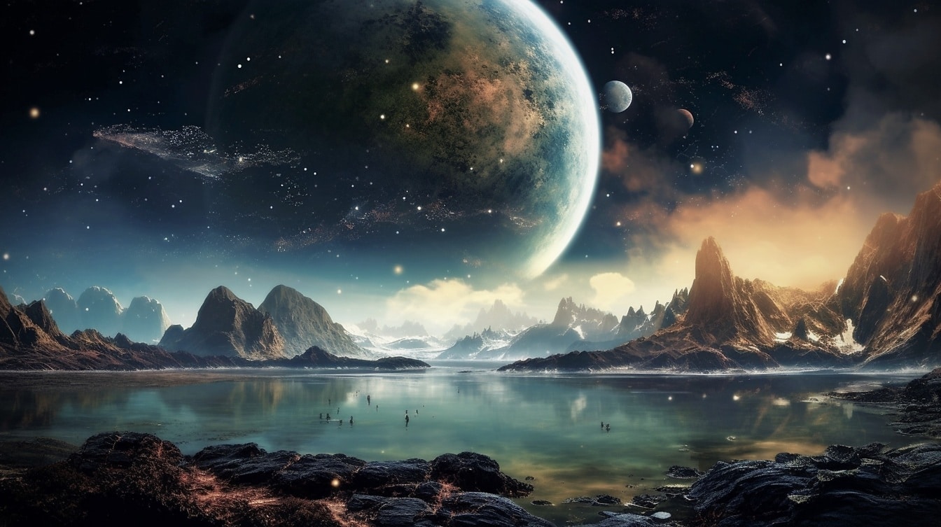 Maestoso lago su un pianeta fantastico in una galassia sconosciuta
