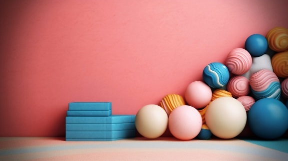 Many colorful ball-shaped objects by pinkish wall