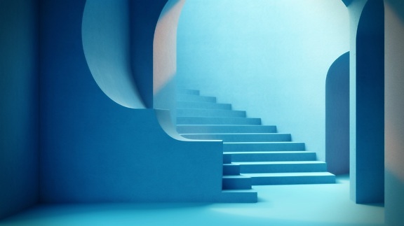Shades of dark blue and bright blue colors on walls and stairs
