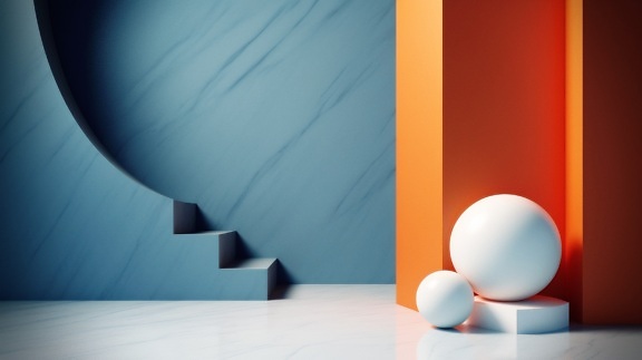 Illustration of surreal interior design with ball-shaped and geometric objects