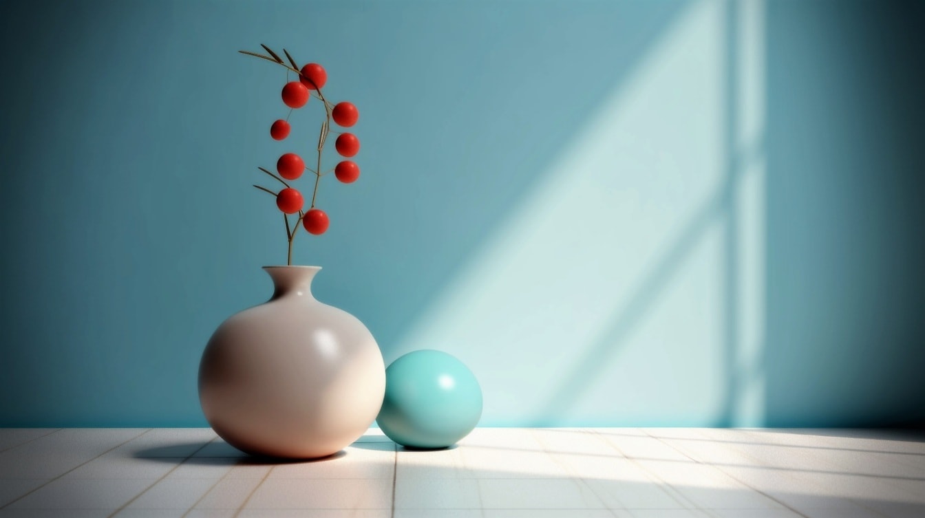Ball-shaped green glossy object with beige vase