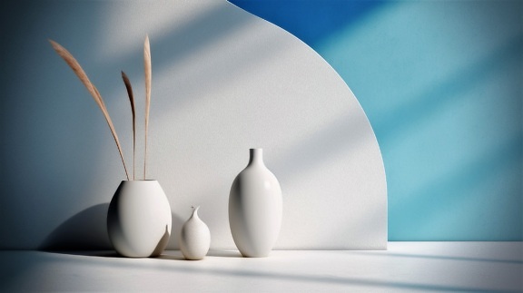 Illustration of three white vases glossy objects