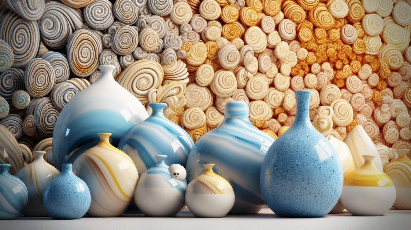 Nærbillede af blanke blå og gullige keramiske vaser