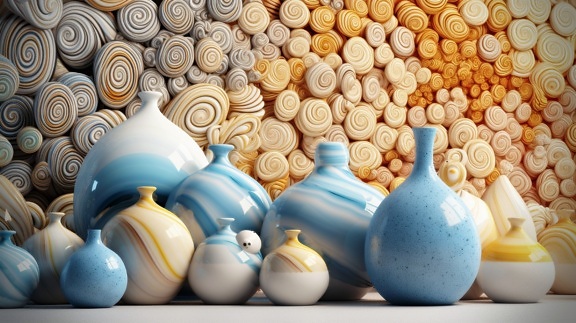 Glossy blue and yellowish ceramic vases close-up