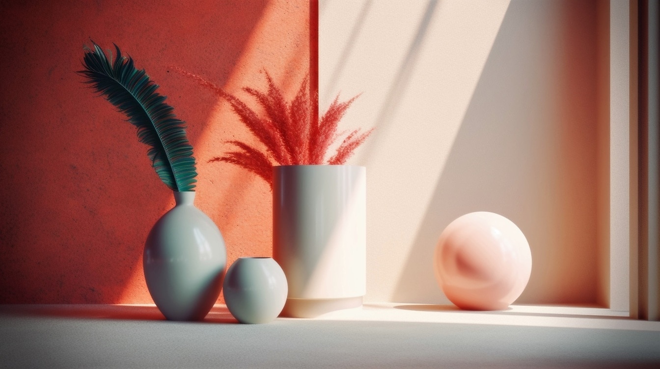 Білі глянцеві керамічні вази на м’якому сонячному світлі ілюстрація