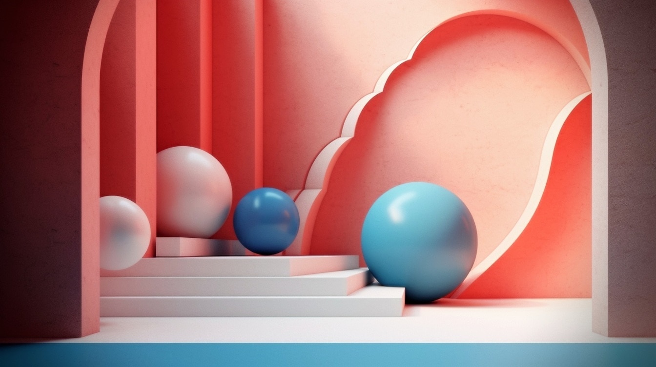 Fantasia decoração interior azul escuro e branco objetos em forma de bola em escadas