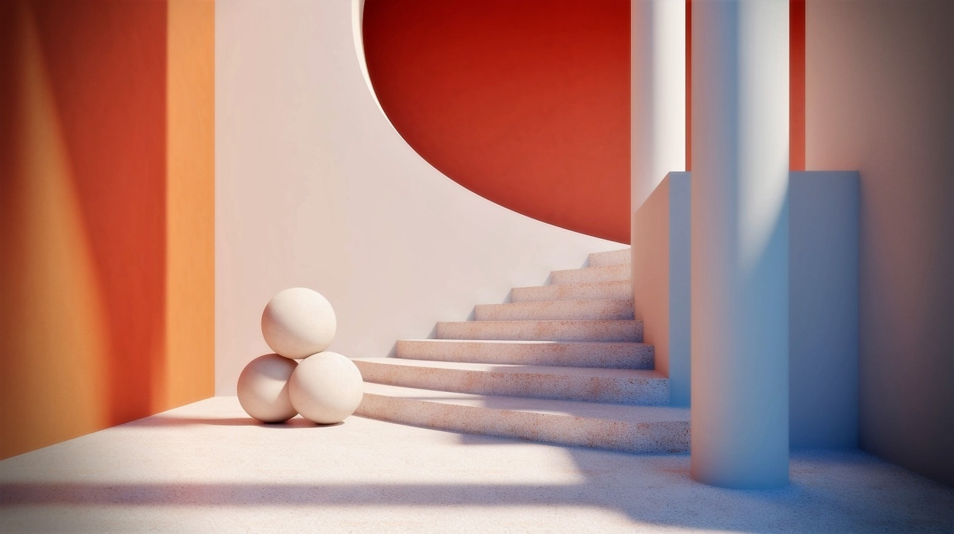 Ilustrace tří bílých objektů ve tvaru koule balancujících na schodech