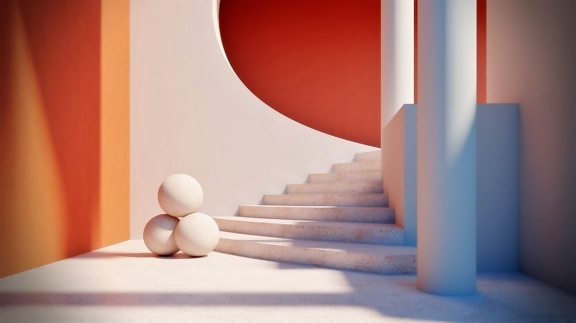 Illustration of three ball-shaped white objects balancing by stairs