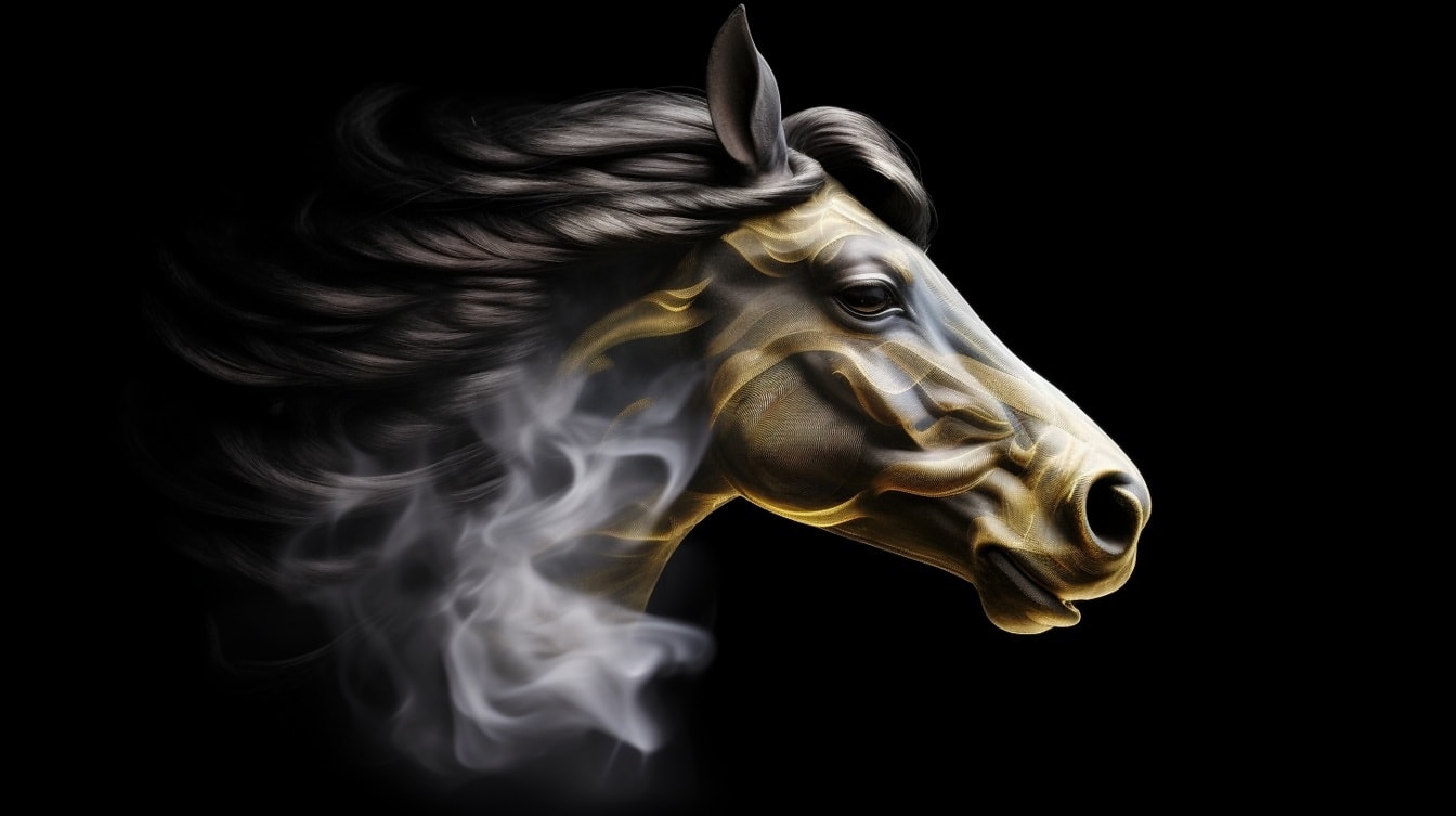 Surrealistisk fotomontage af gennemsigtigt hestehoved i røg