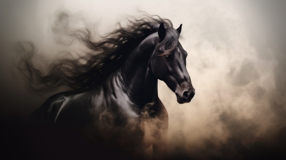 Beautiful Friesian black stallion with long hair