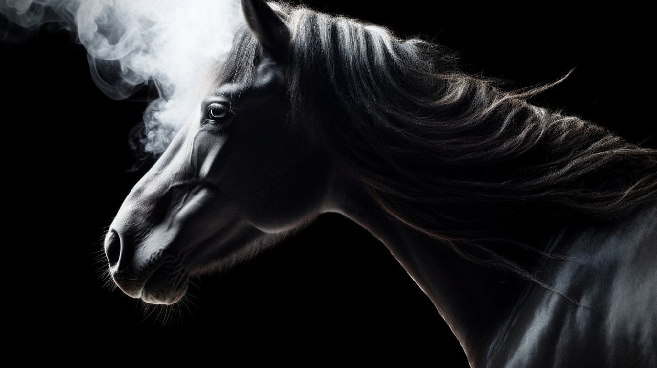 Mặt bên của con ngựa đen trong bóng tối và khói