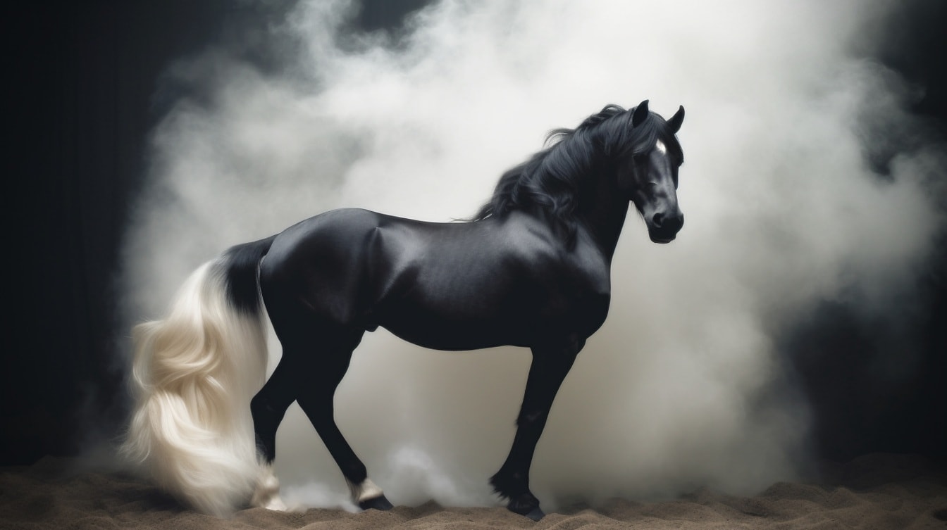 煙の中の白い尾を持つ黒い種牡馬のイラスト