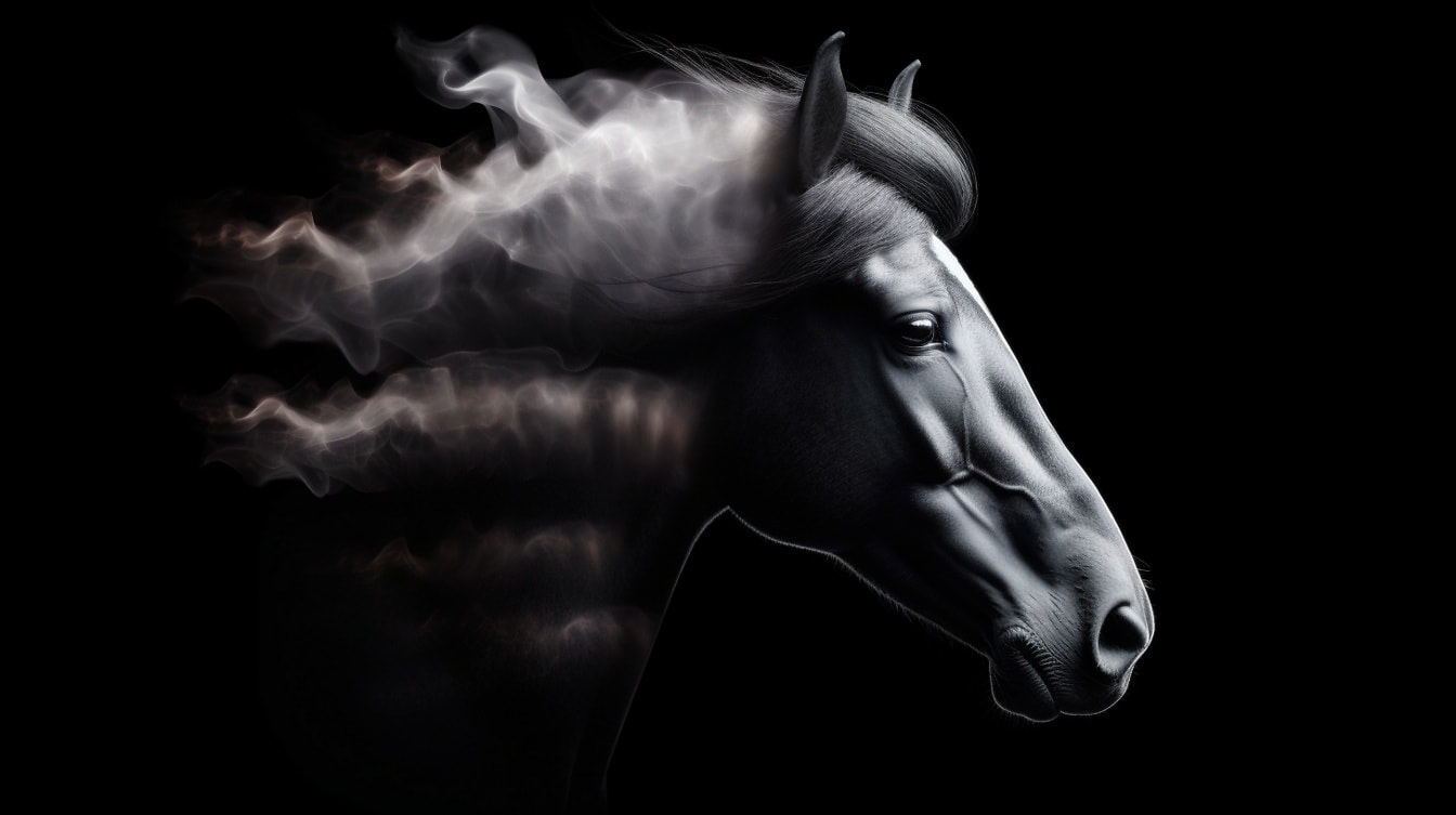 Surrealistická fantazijní ilustrace černé koňské hlavy s kouřem ve vlasech
