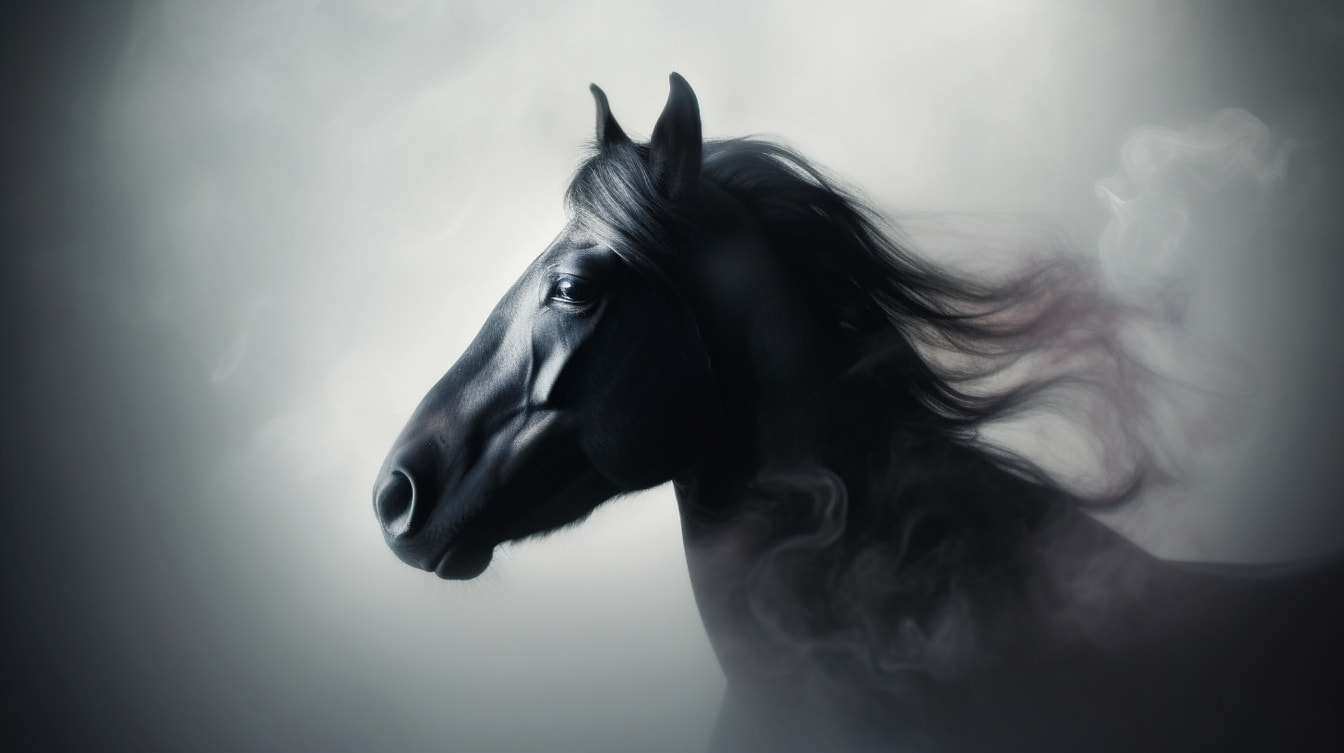 Zijaanzicht van zwart paard in witte rookillustratie