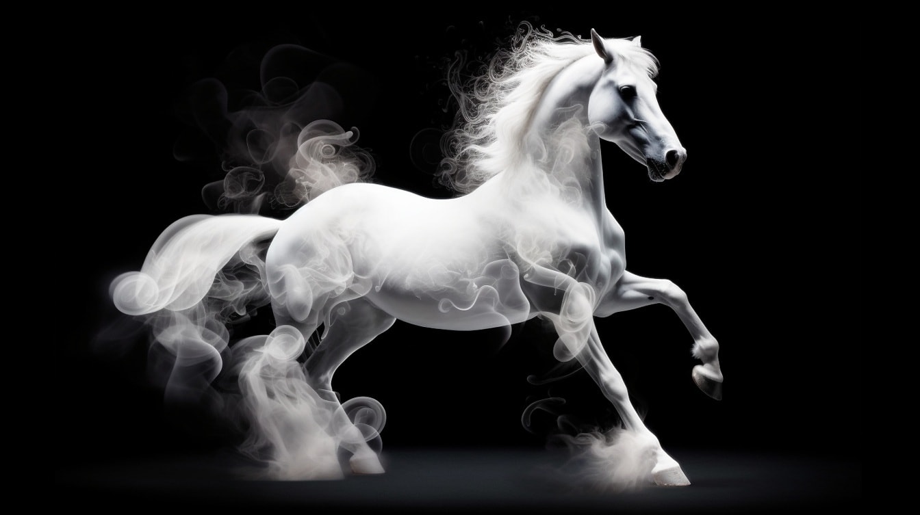 Bella illustrazione di uno stallone bianco in fumo su sfondo nero