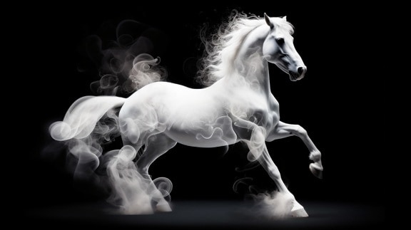 Beautiful illustration of a white stallion in smoke  on black background