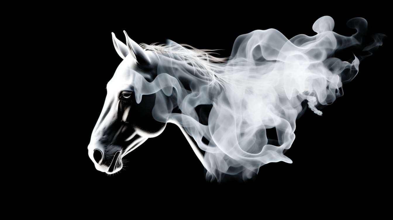 Monokróm illusztráció lófejről fehér füstben