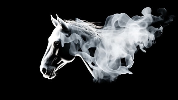 ilustrace, černobílý tisk, hlava, kůň, kouř, bílá, černá, umění