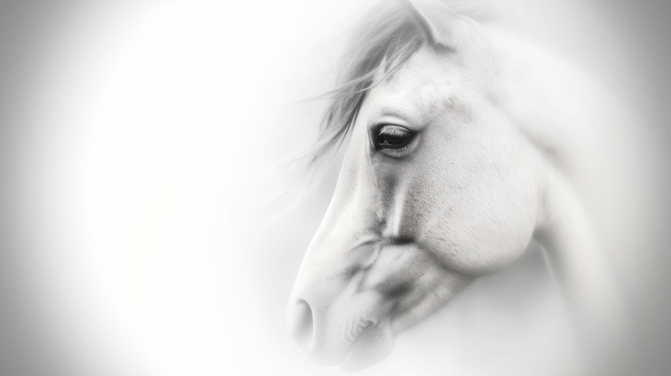Svart-hvitt fotomontasje av vakkert nærbilde av hvitt hestehode