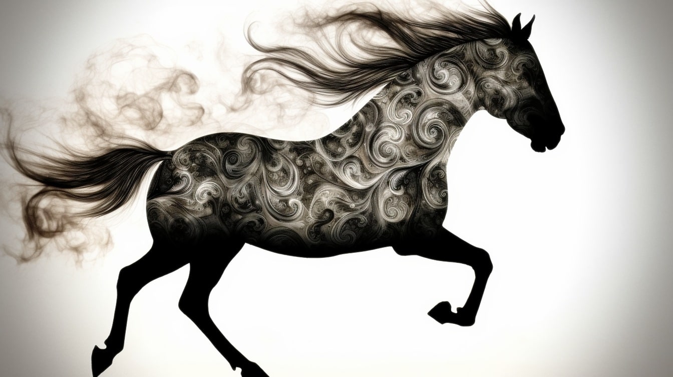 Artistieke illustratie van een zwart paardsilhouet op witte achtergrond