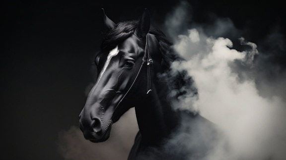 Majestic close-up photo of black horse with harness in smoke