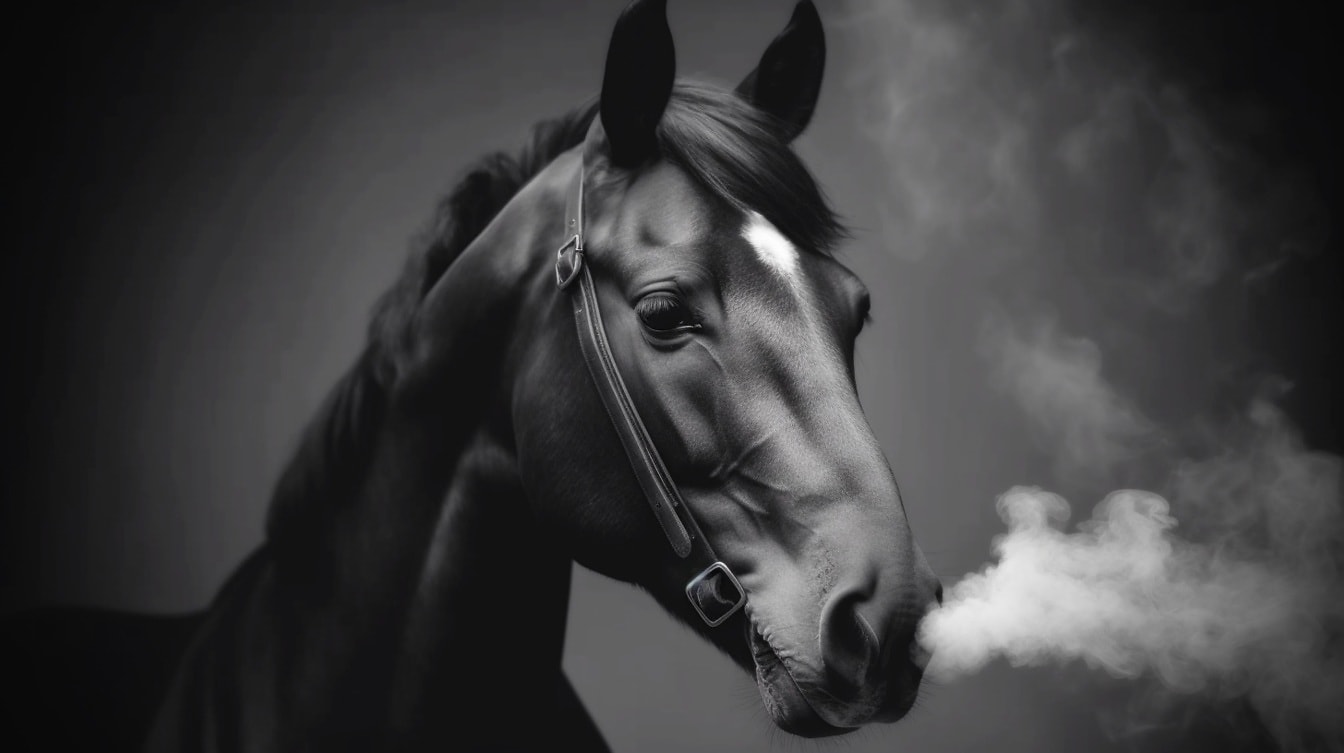 Majestatyczne zbliżenie głowy czarnego konia z parą z nosa